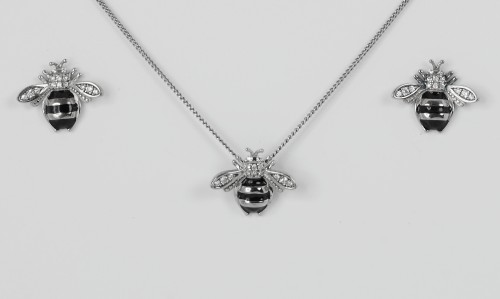 Sterling Silver Black Bee Stud Earrings and Pendant Set